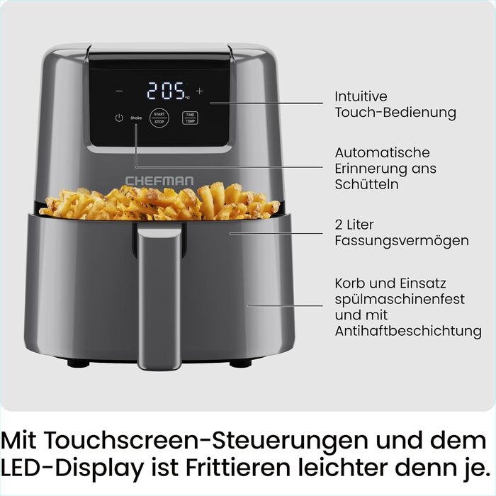 Chefman 2L Digital Air Fryer - Compact, Non-Stick, Dishwasher-Safe Air Fryer with Timer & Shake Reminder - Grey