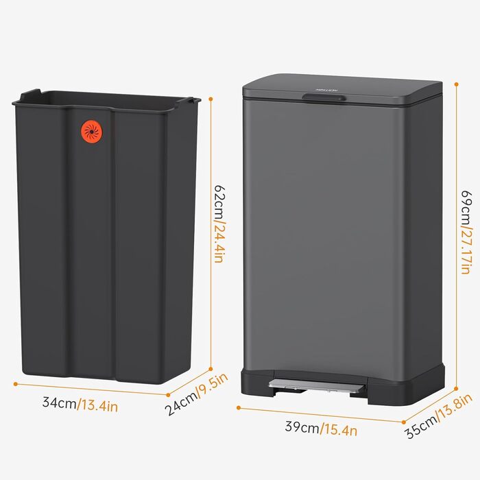 Смітник на 50 літрів з контейнером, повільно закривається, захист від відбитків пальців, велика нержавіюча сталь, кухонний смітник прямокутної форми, для дому та офісу, сірий, 50L