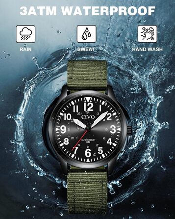 Годинник чоловічий CIVO водонепроникний з надійним ремінцем з нейлону, аналоговий кварц, великі цифри, світловідбиваючий, спортивний, для активного відпочинку, легкий у читанні, ідеальний подарунок (нейлон, B-2 зелений/чорний)