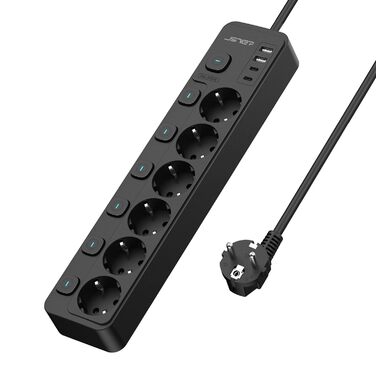 Многорозеткова смуга JSVER 5-портова з індивідуальним вимикачем, 2 USB-A та 2 USB-C (17W), розширювач на 2м для смартфонів, ноутбуків - білий (чорний 6-портова)