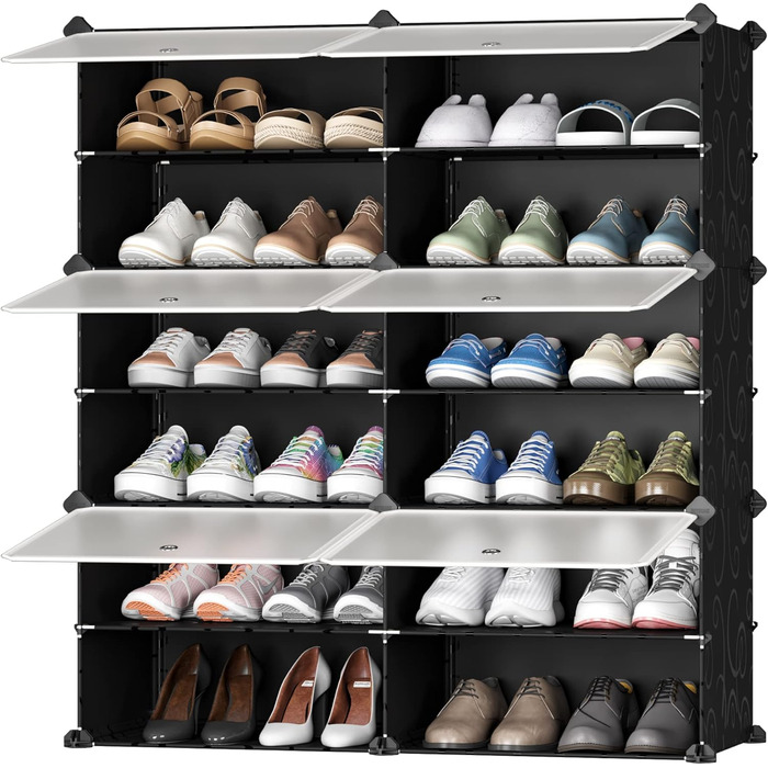 Plastic shoe cabinet, DIY simple shoe rack, narrow, with door, steel frame, stable, for hallways, bedrooms, entryways, White with Transparent Door, 2 * 6 (Black, 2x6)