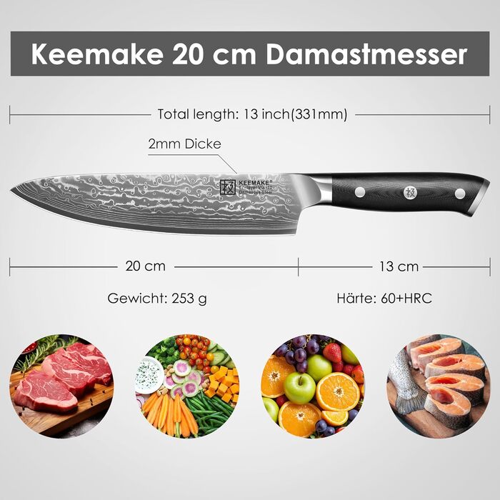 Ніж кухарський Keemake Дамаск 20 см, кухонний ніж з високоякісної сталі Дамаск 67 шарів з ручкою G10, ідеальний подарунок на День батька