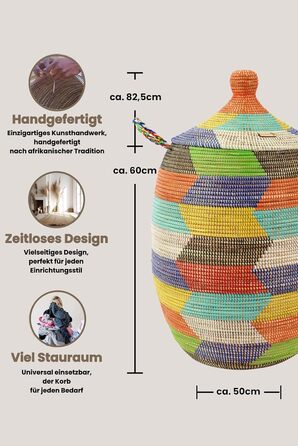 YAADU Laundry Basket with Lid 100L - XXL Laundry Collector, Large Laundry Basket, Laundry Container, Laundry Bin, Basket with Lid, Laundry Boxes, African Basket, Ubuntu Model (Colorful)