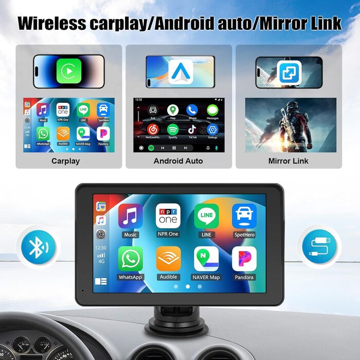 Автомобільна навігація CAMECHO 2025 з 7'' HD дисплеєм, бездротовим CarPlay та Android Auto, Bluetooth, FM-трансмітером, AirPlay, AUX, кріпленням на панель, камерою заднього виду, 64ГБ TF-карта