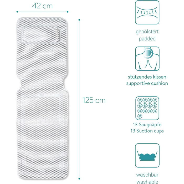Navaris Full-Body Bath Mat with Pillow - 125x42cm Bath Mat for Bathtub, Bathtub Pillow, Soft Bath Insert - Mesh Mat in White