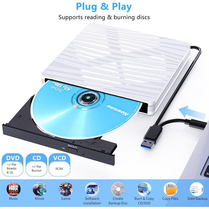 Зовнішній DVD-привід USB 3.0 та Type-C, портативний CD/DVD+/-RW записувач для ноутбука, ПК, MacBook, Windows, MacOS, Linux (Білий)