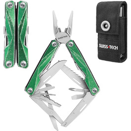 Мультитул Swiss+Tech 16-в-1 з нержавіючої сталі з ножем, пилкою, плоскогубцями, викрутками та ножицями для кемпінгу, відпочинку та ремонту, з чохлом, вінтажний зелений