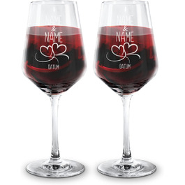 Engraved Wine Glasses - Hearts - Personalize with Name & Date - Engraved Red Wine Glasses for Couples, Gift for Valentine's Day, Wedding, Christmas, Set of 2