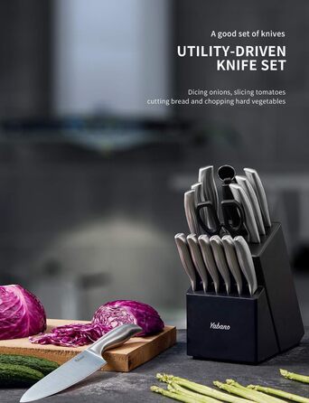 Yabano 16-Piece Professional Stainless Steel Knife Set with Wooden Block - Chef's Knife Set