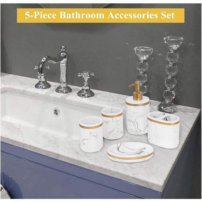 Набір аксесуарів для ванної кімнати 5 шт. з імітацією мармуру (білий + золото/чорний), включає: дозатор мила, стакан для зубної щітки, мильниця, тримач для зубних щіток, набір для ванної кімнати