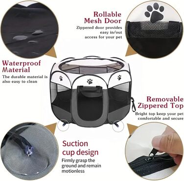 Портативний вольєр для цуценят та дрібних тварин, розкладний, з кріпленням на присосках, сірий