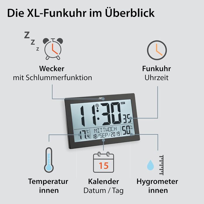 Digital Radio Clock with Large XL Display | Calendar | with Temperature Display & Hygrometer | Wall Clock | Radio Alarm Clock with 2 Alarm Times and Snooze Function | (--)