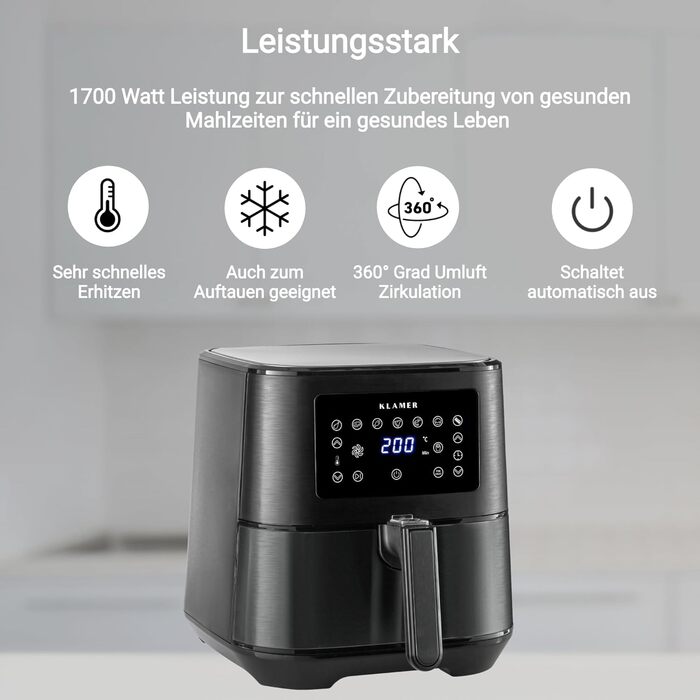 Аерофритюрниця KLAMER 5,5 л XXL, без олії, 1700 Вт, LED-екран, цифрова, з німецькою кулінарною книгою, багатофункціональна, чорна