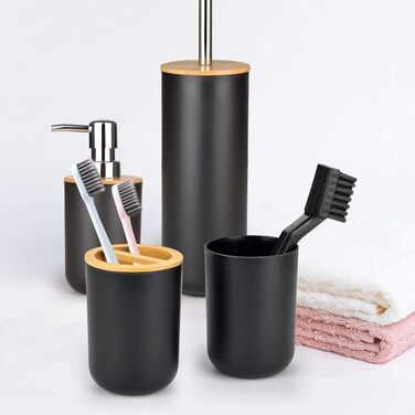 Bathroom Accessories Set - 6Pcs Bathroom Accessories Set made of Bamboo, Lotion Bottles, Toothbrush Holder, Tooth Cup, Soap Dish, Toilet Brush, Trash Can (Set of 6)