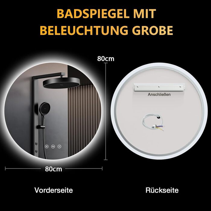 Дзеркало для ванної кімнати з підсвічуванням 70см, LED дзеркало з LED підсвічуванням, 3 кольори світла, антизапар, регулювання яскравості, сенсорна кнопка, функція пам'яті, кругле водонепроникне дзеркало для ванної кімнати (без запотівання+3 кольори+регул