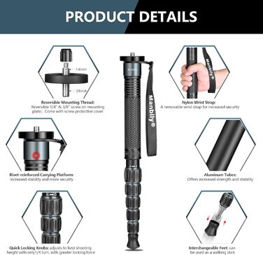 Монопод для камери Manbily A-555L 168 см з алюмінію, з ручкою-підтримкою, до 7 кг, сірий