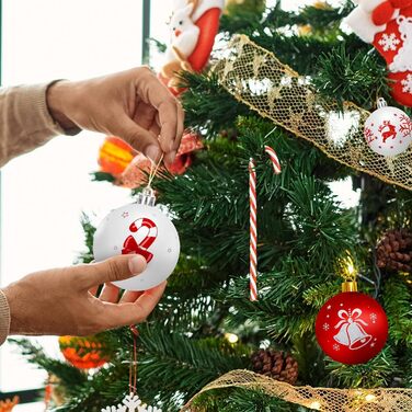Шарм-кулі для ялинки з пластику, 16 шт. Червоні та білі прикраси для ялинки з стрічкою, декор до Різдва