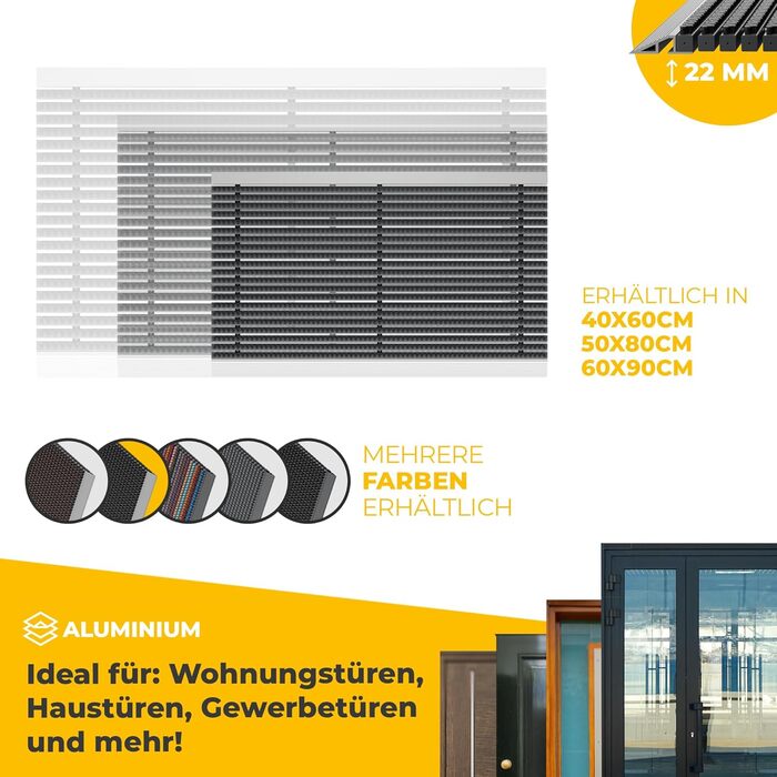 Килимок для порогу 40x60 см - алюміній, плоский, неслизький, для дому, тераси, вхідних дверей - килимок-сміттєзбирач з щітковим профілем, чорний