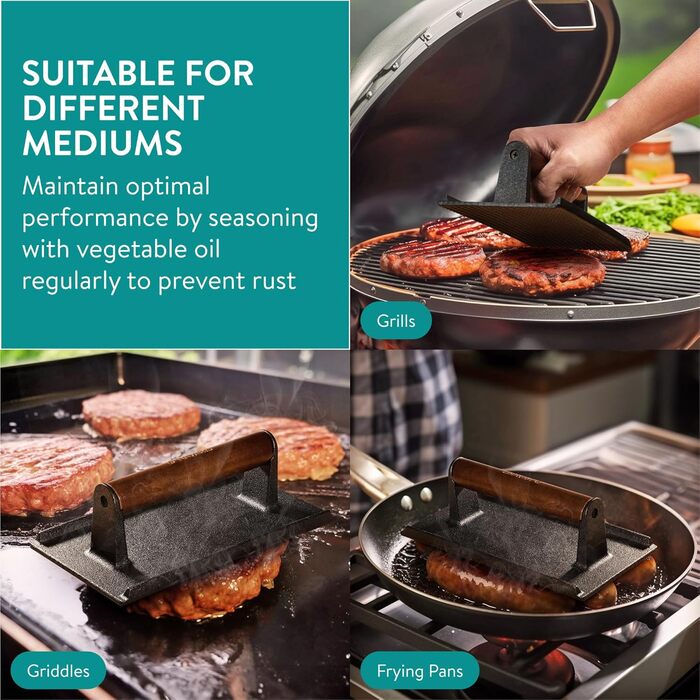 Navaris Smashed Burger Press - Cast Iron Burger Press - Prepare Burgers Healthy and Delicious - Grill Press - Meat Press - 21 x 11 cm - Rectangular Cast Iron
