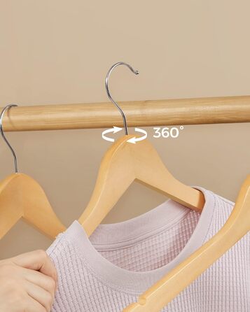 SONGMICS Wooden Clothes Hangers, 30-Piece Set, Solid Wood Hangers, Shoulder Indentations, Non-Slip Trouser Bar, 360° Swivel Hook, for Suits, Shirts, Natural Wood-Silver, CRW031NL