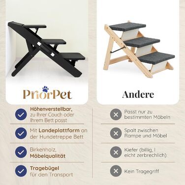 Сходинки для собак на ліжко та диван 2-в-1 - регульована рамка для собак, 18-50 см - для маленьких собак - легкі сходинки з платформою, натуральне дерево (чорний)