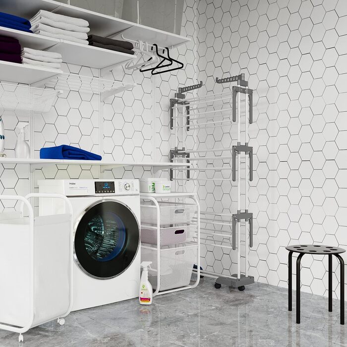 Сушарка для білизни тур-тип на коліщатках, сіра. Розкладна конструкція, 6 крил, 2 бічні крила, для дому та вулиці