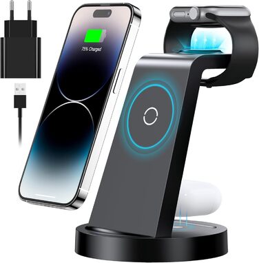 Зарядна станція 3 в 1 для iPhone з бездротовою зарядкою, 18W, сумісна з Apple iPhone 16, 15, 14, 13, 12, 11, X, Pro, Max, Apple Watch та AirPods, чорна
