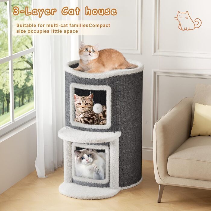 Двоярусна котяча хатинка-тонечка з когтеточкою, 60x40x40 см, 40x40x60 см. Клітка-будинок для котів з платформою та іграшкою