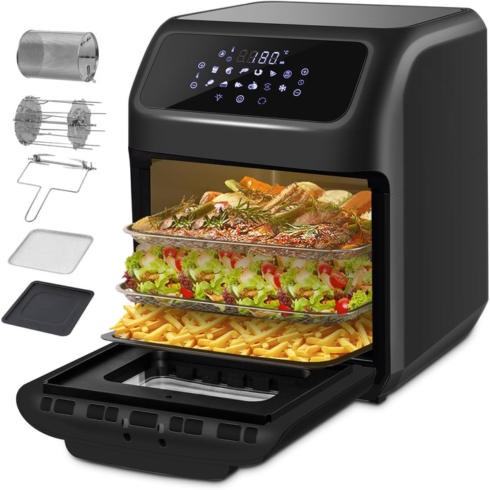 LLIVEKIT Air Fryer Hot Air Oven 12L, 1800W Mini Oven with 6 Accessories & Recipe Book, 12-in-1 Air Fryer with Digital LED Display, Fruit Dehydrator, Barbecue, Oil-Free Air Fryer 12L Black