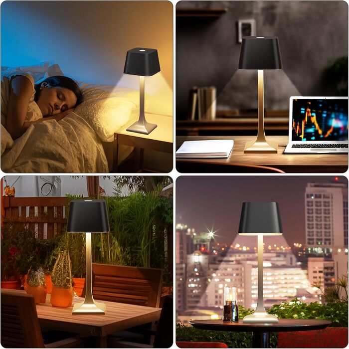 LED настільна лампа бездротова диммируемая торканням - 3 колірні температури, 5200mAh акумулятор, зарядка USB-C, водонепроникність IP54, алюміній, для дому та вулиці, нічник, настільна лампа для їдальні, робочий стіл (чорний)