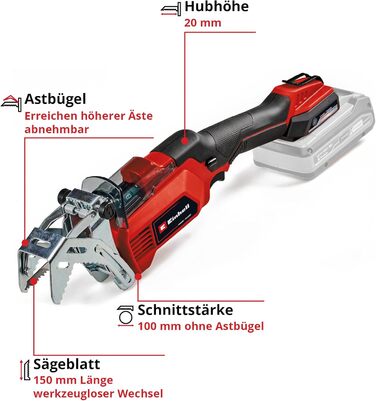 Einhell Cordless Pruning Saw GE-GS 18/150 Li-Solo Power X-Change (18V, 100 mm max. cutting depth, 20 mm stroke height, removable branch support, incl. 2x saw blade, without battery)