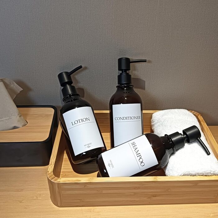 Набір дозаторів для мила та шампуню на стіну, 500 мл, 3 шт. з етикетками, без свердління, для ванної кімнати, янтарно-коричневий, чорний насос