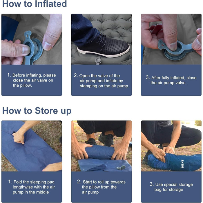 iHEAT Self-Inflating Camping Sleeping Pad with Foot Pump, Ultralight Air Mattress with Pillow, Waterproof Compact Sleeping Mat for Outdoor, Hiking, Backpacking, Camping, Beach (Blue)