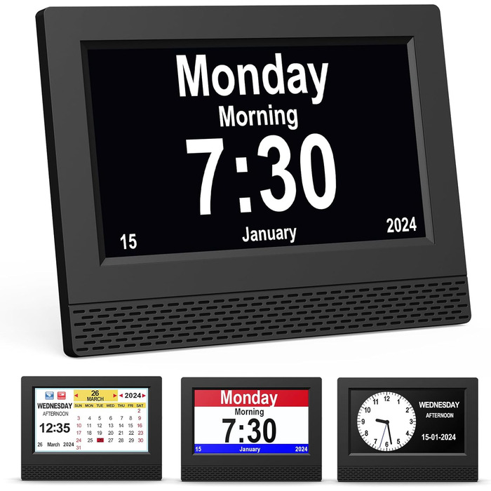 Ykall 7-Inch Digital Calendar Clock for Seniors, Alarm Clock with Reminder Function, Clear Day/Date and Time, Large Display, Ideal for Dementia and Alzheimer's Patients