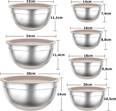 TEAMFAR Mixing Bowl Set, 7-Piece Stainless Steel Bowls Salad Bowls with Airtight Lids and Silicone Bottom, 0.7L/1.2L/1.5L/2.5L/2.8L/3.5L/6.5L, Khaki