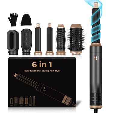 UKLISS Hairstyler 6 в 1 Airbrush: Професійний набір для укладки волосся - 1000W | Фен-щітка, плойка, брашшін, стайлер для всіх типів волосся | Срібно-золотий (Класичний чорний)