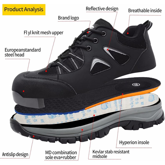 Черевики робочі чоловічі/жіночі, захисні, легкі, дихаючі, антиковзкі, з металевим підноском (чорні, 38 EU)
