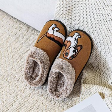 Тапочки домашні жіночі чоловічі з вишивкою у вигляді милого собачки, теплі, з плюшевою підкладкою, зимові, 36/37 EU, коричневого кольору