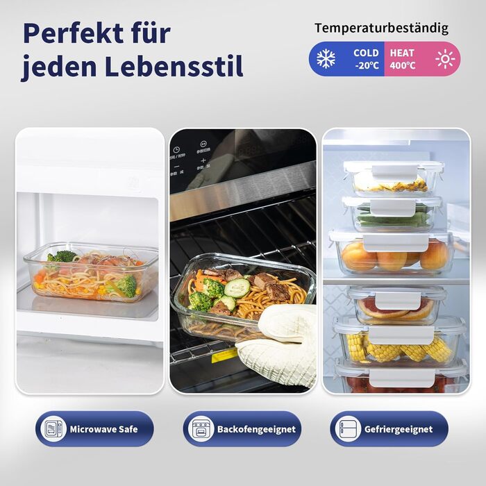 Набір скляних контейнерів для зберігання їжі, 10 шт., з кришками з преміум-пластику, герметичні, BPA-free, блакитні