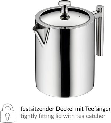 alfi TEA POT 1.40l, Stainless steel insulated pot with tea strainer and tea catcher, single-walled stainless steel, durable thermos pot, ideal as a teapot for loose tea, dishwasher-safe, BPA-free