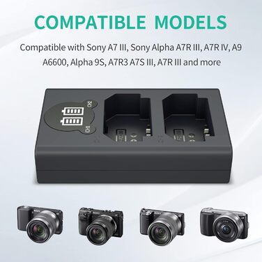 Зарядний пристрій LP NP-FZ100 з LCD-дисплеєм, Dual USB, сумісний з Sony A7iii, A7iv, A7C, A6700, A6600, ZV-E1, ZV-E10ii, FX3, FX30, A9, Alpha 9, Alpha 9S, A9S, A7R3 та A7R4