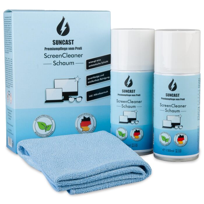 Набір для чищення екранів SUNCAST 2х150 мл з мікрофіброю - піна для телевізора, ноутбука та монітора. Зроблено в Німеччині