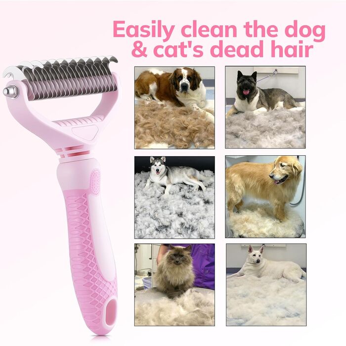 Щітка для собак та котів, гребінець для тварин з нержавіючої сталі 12+23 зубці, двостороння для видалення шерсті та розплутування, для дому (L, вишня, рожевий)