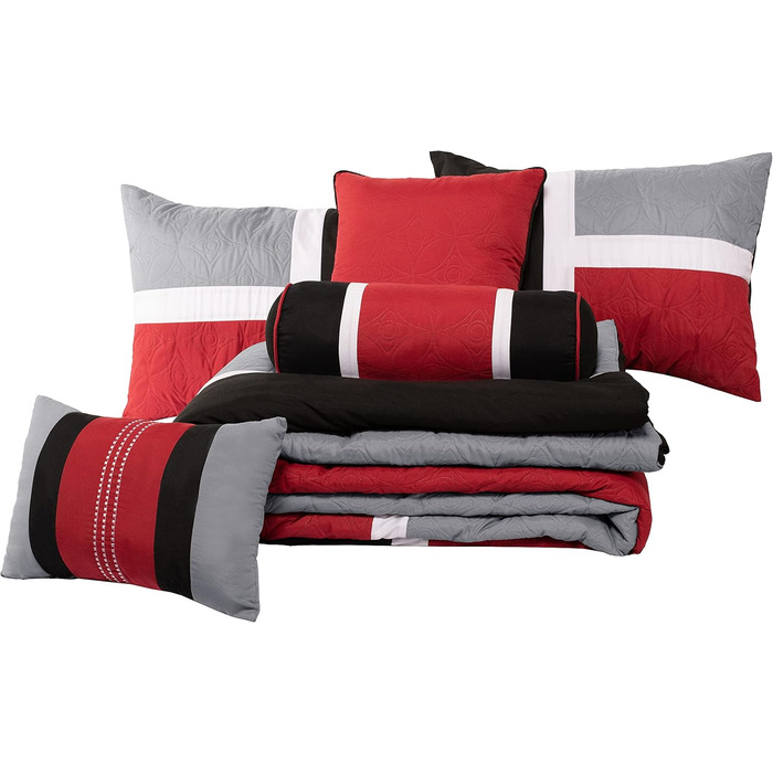 Комплект постільної білизни Chezmoi Collection Upland, 7-piece, Patchwork, для ліжка King Size (Oversized), червоно-сірий-чорний