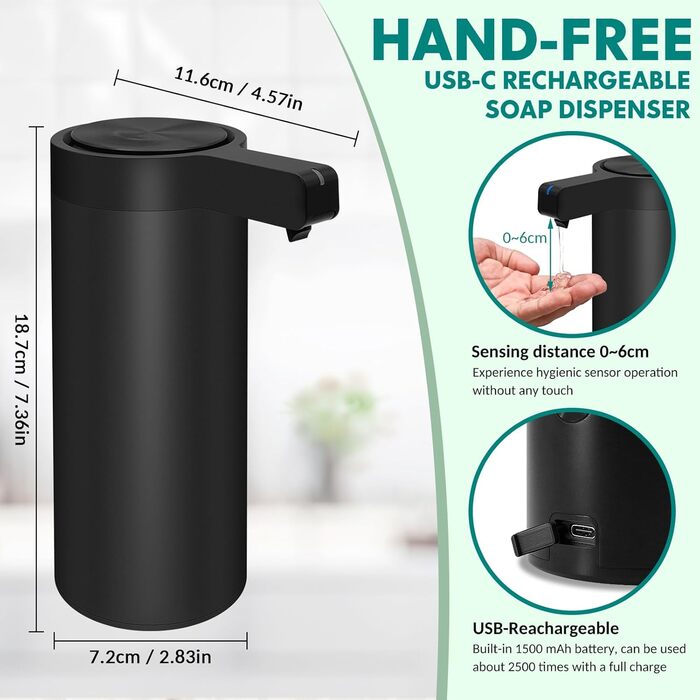 Mamiddle Automatic Soap Dispenser Stainless Steel with Sensor Infrared Soap Dispenser Electric IPX5 Waterproof USB-C Charging with Sensor Infrared Motion Sensor for Kitchen & Bath (Black)