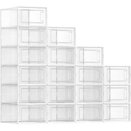 SONGMICS Shoe Boxes, 18-Piece Set, Plastic Shoe Organizer, Foldable and Stackable, for Shoes up to Size 44, Transparent-White LSP18SWT