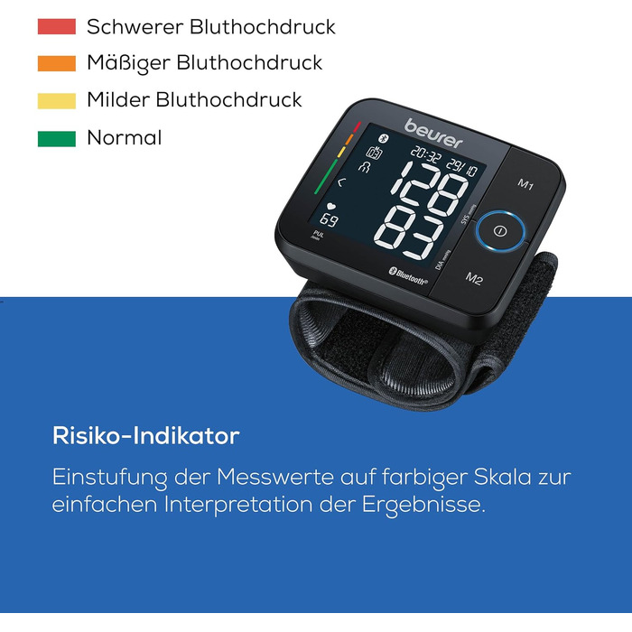 Тонометр Beurer BC 54 на зап'ясті з технологією Inflation, індикатор ризику, визначення аритмії, об'єм зап'ястя 13,5-21,5 см, з додатком, передача даних до Apple Health та ін. 2 x 60 місця для зберігання даних