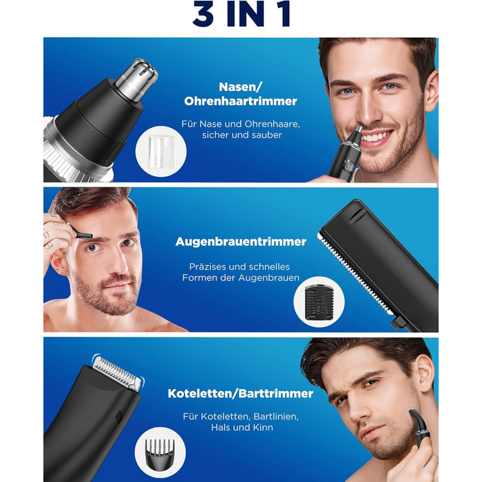 Триммер для носа, вух та брів Herren 3-в-1 з LED-дисплеєм, USB-C, IPX7, чорний - для чоловіків та жінок