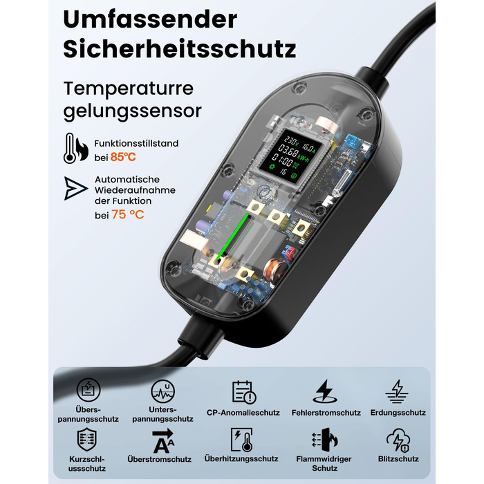 Кабель для зарядки електромобіля EzGoGo Type 2 Schuko 3.68 кВт, 10 м, 1 фаза, 6-16A, з LCD-дисплеєм та захистом IP65