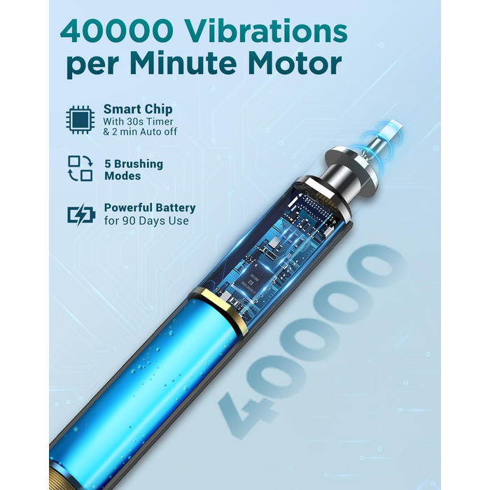 Електрична звукова зубна щітка для дорослих з 8 насадками та кейсом для подорожей, 5 режимів, водонепроникна IPX7, до 90 днів роботи від акумулятора, чорна (1 шт)